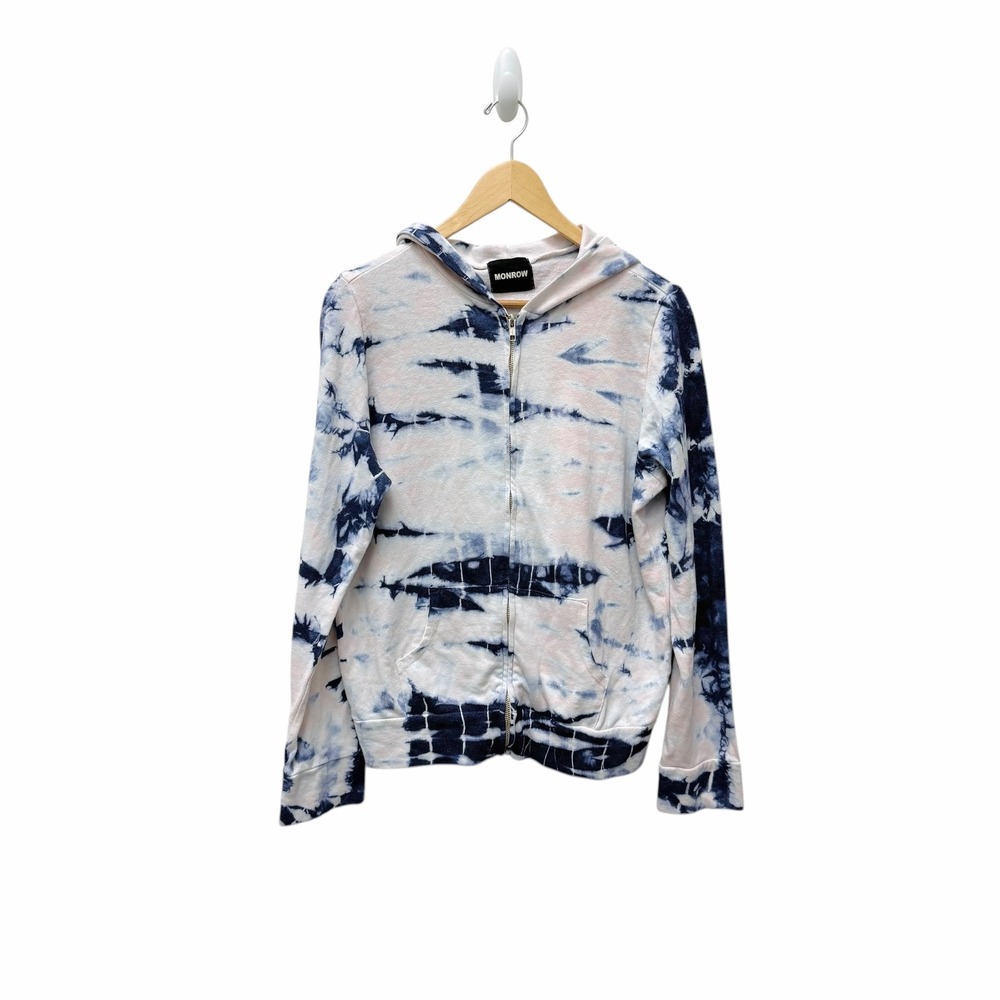 Monrow Womens Blue White Tie Dye Full‎ Zip Hoodie Sweatshirt Cotton Large